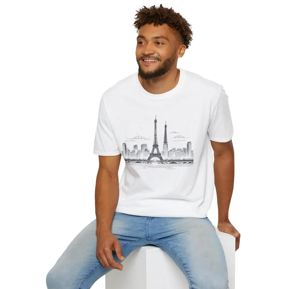 Man wearing Paris Skyline Graphic T-Shirt with ribbed collar retains and shoulder tape stabilizes