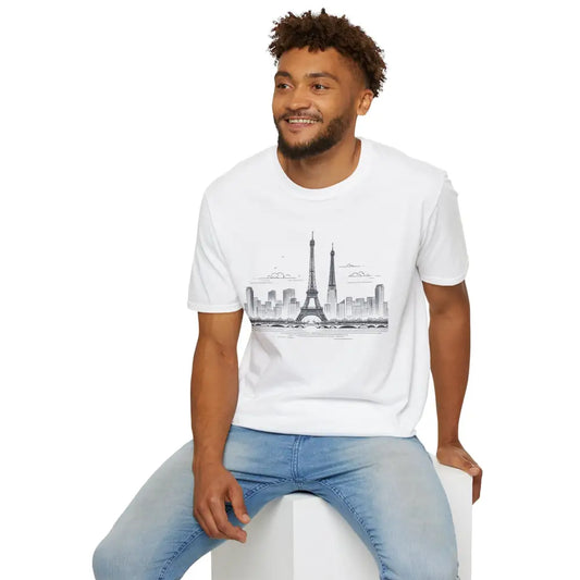 Man wearing Paris Skyline Graphic T-Shirt with ribbed collar retains and shoulder tape stabilizes