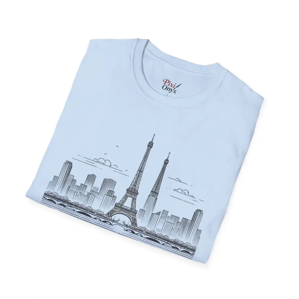 Light blue Paris Skyline Graphic T-Shirt with ribbed collar retains style for travelers