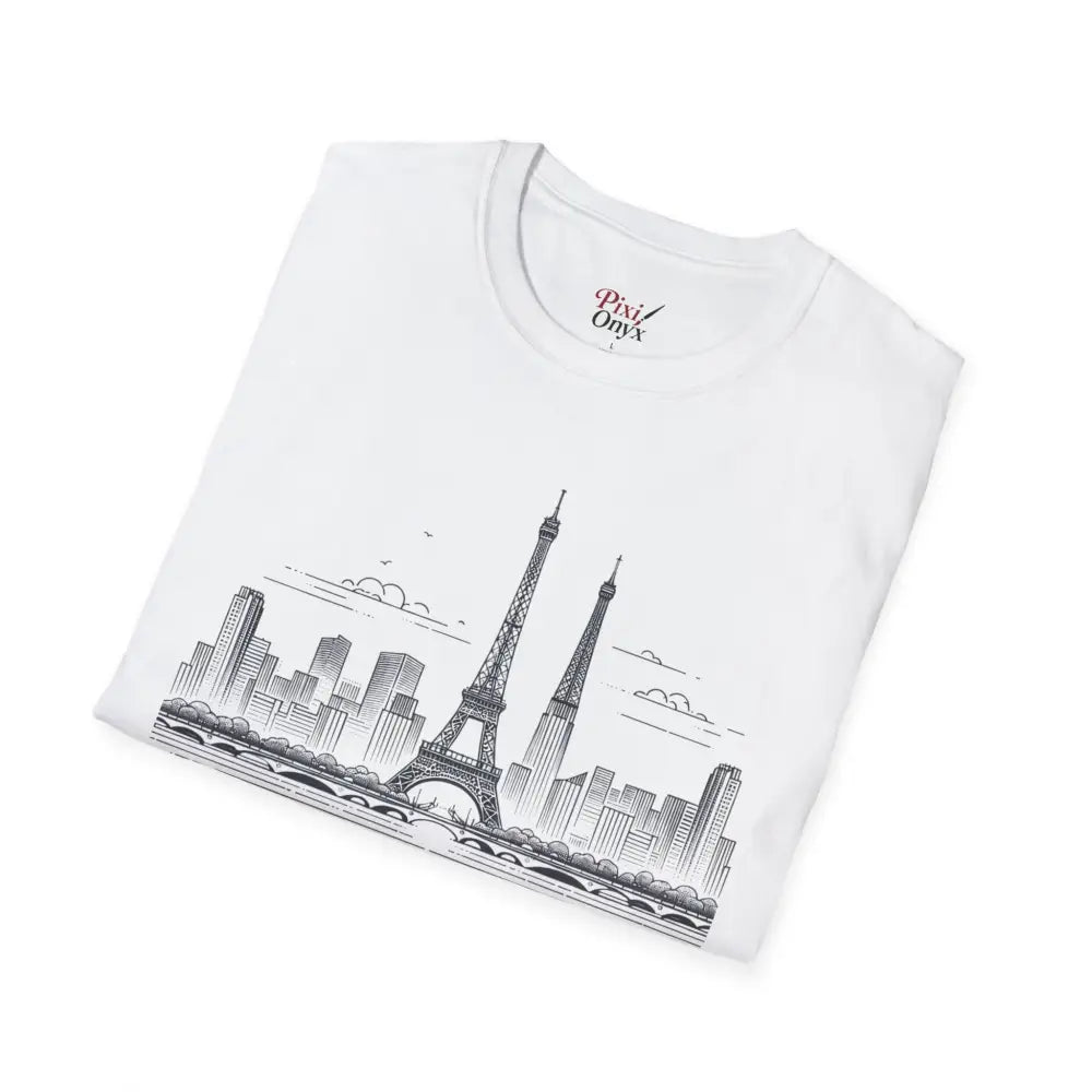 White Paris Skyline Graphic T-Shirt with black line art, ribbed collar retains style