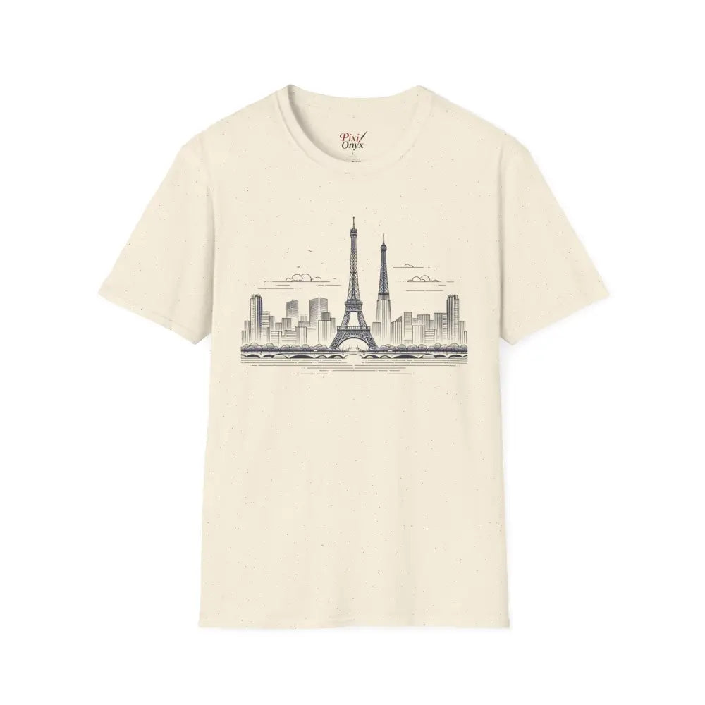 Light-colored Paris Skyline Graphic T-Shirt with ribbed collar retains, shoulder tape stabilizes for casual wear