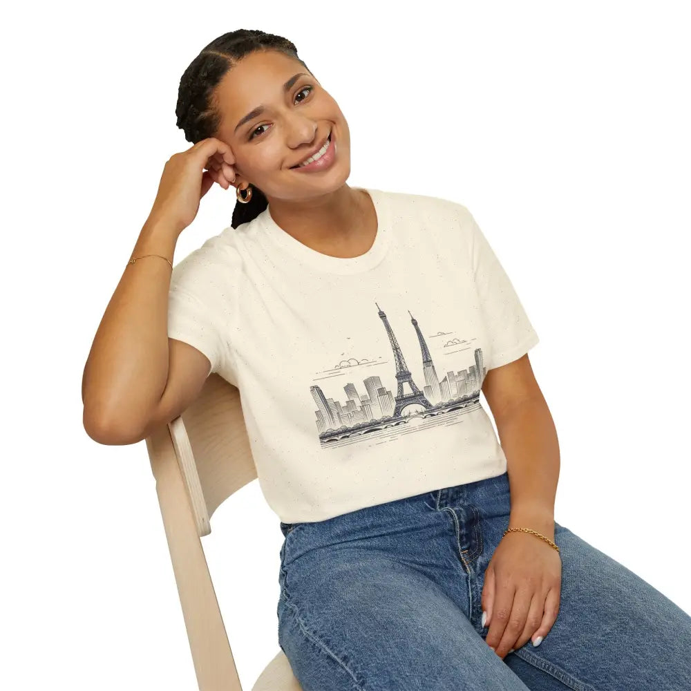 Smiling woman in Paris Skyline Graphic T-Shirt with ribbed collar retains and shoulder tape stabilizes