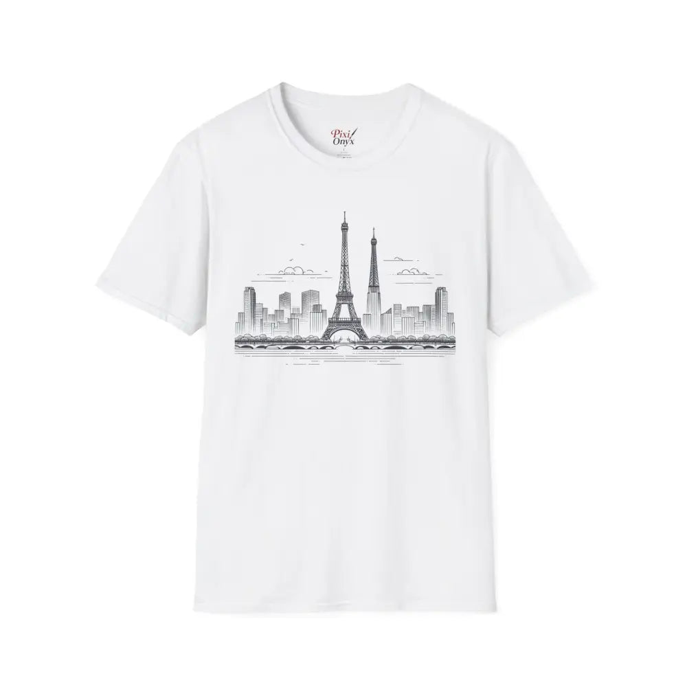 White short-sleeved Paris Skyline Graphic T-Shirt with ribbed collar retains style