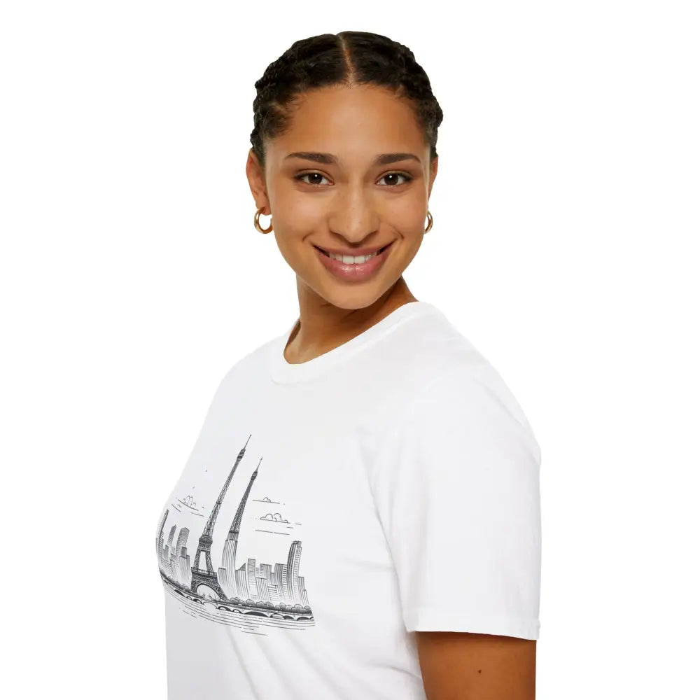 Woman wearing Paris Skyline Graphic T-Shirt with ribbed collar retains and shoulder tape stabilizes