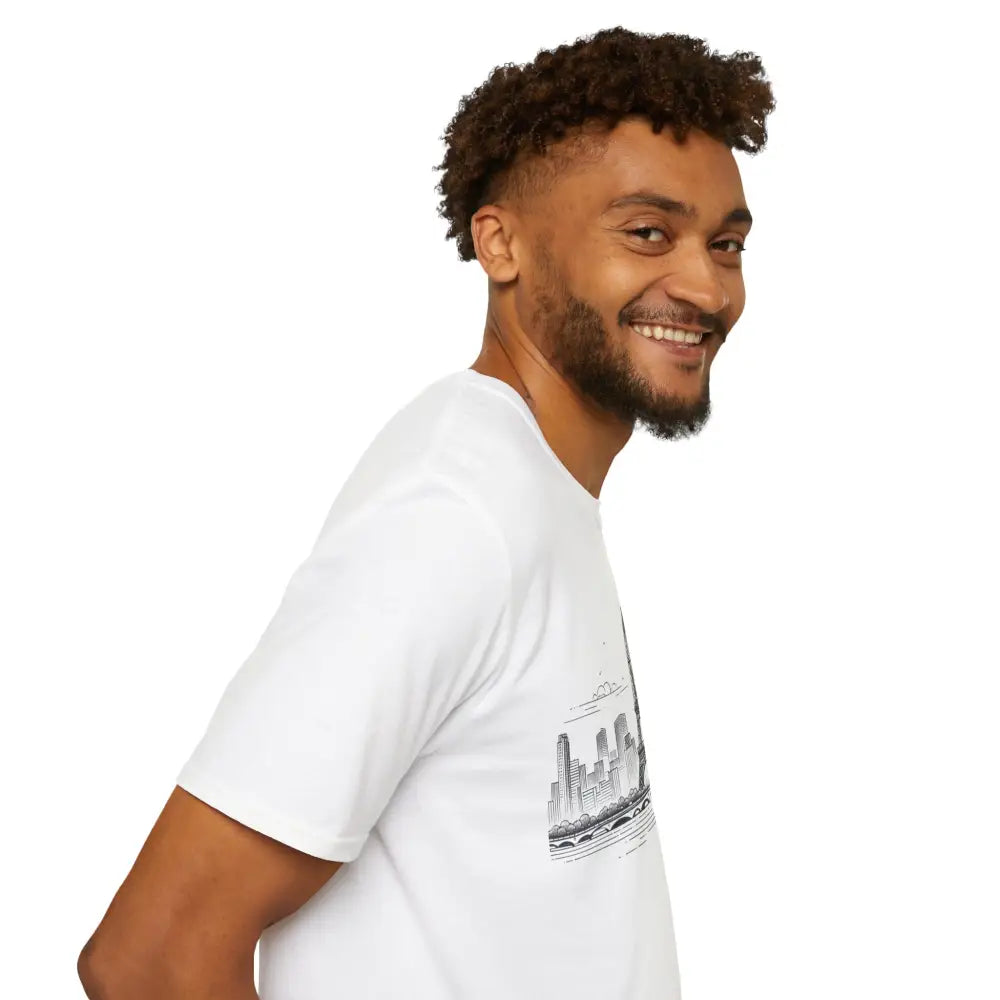 Men’s white short-sleeved T-shirt with Paris skyline graphic, ribbed collar retains style