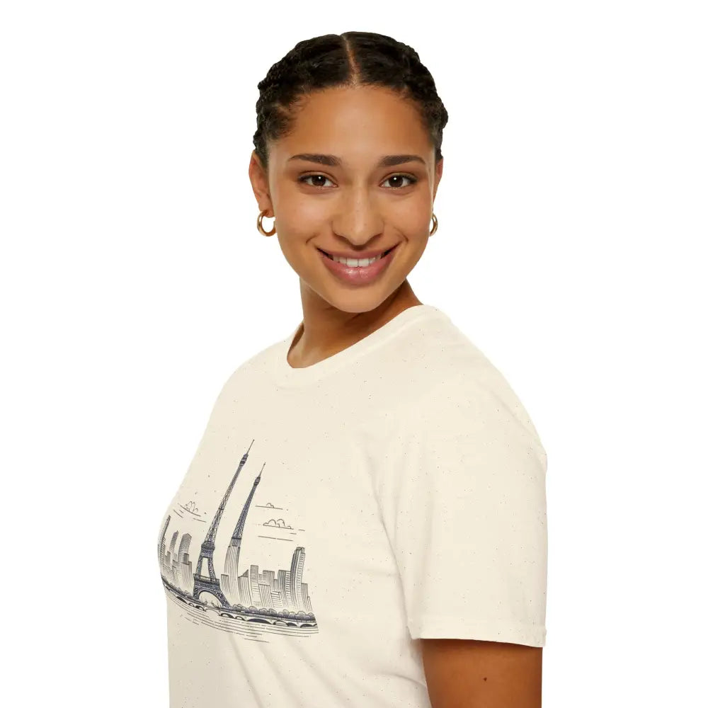Woman wearing a cream Paris Skyline Graphic T-Shirt with ribbed collar retains style