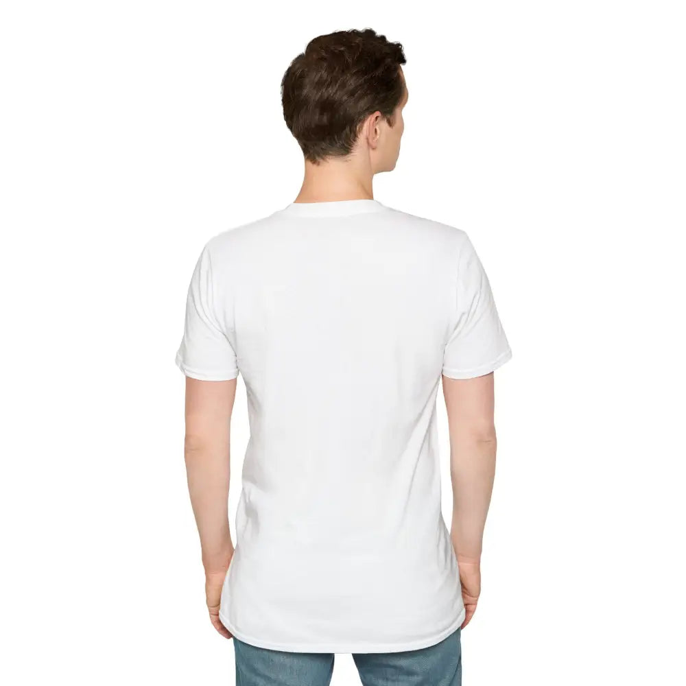 Man wearing white Paris Skyline Graphic T-Shirt with ribbed collar retains shoulder tape stabilizes
