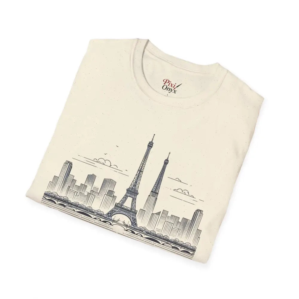 Cream-colored Paris Skyline Graphic T-Shirt with ribbed collar retains and shoulder tape stabilizes