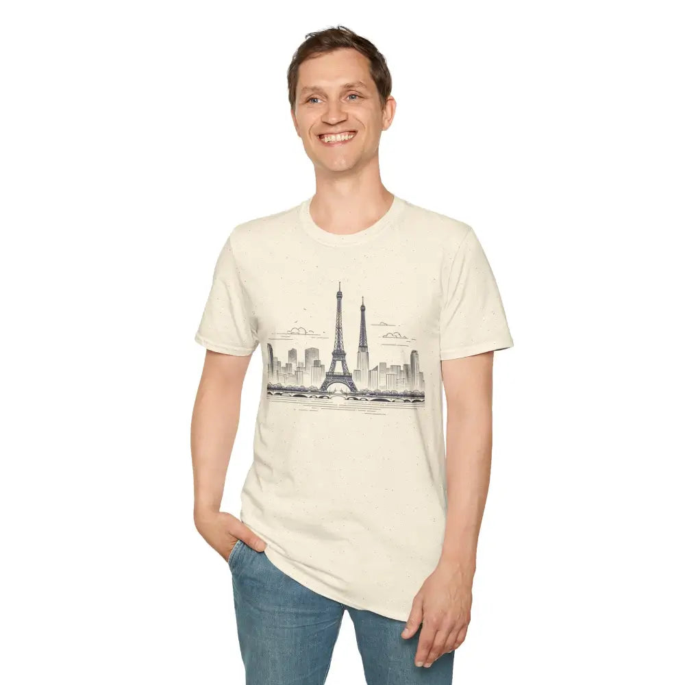 Man in cream-colored Paris Skyline Graphic T-Shirt with ribbed collar retains and shoulder tape stabilizes