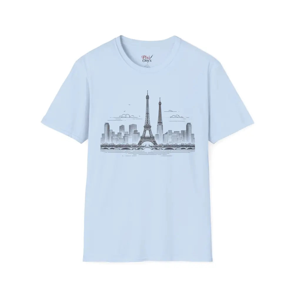 Light blue Paris Skyline Graphic T-Shirt with ribbed collar retains and shoulder tape stabilizes