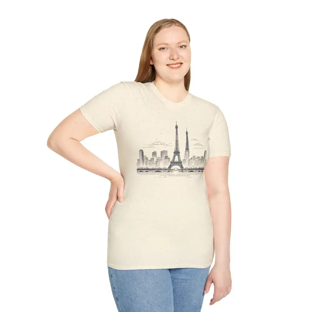 Woman wearing a Paris Skyline Graphic T-Shirt with ribbed collar retains and shoulder tape stabilizes