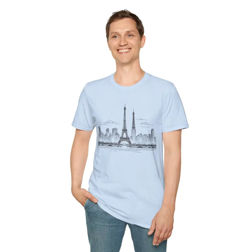Light blue Paris Skyline Graphic T-Shirt with ribbed collar retains style for travelers