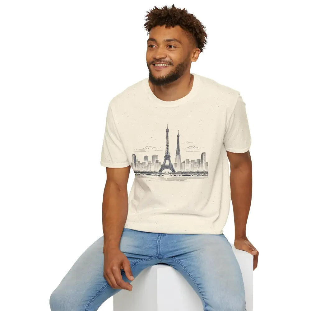 Light-colored Paris Skyline Graphic T-Shirt with ribbed collar retains and shoulder tape stabilizes for casual summer wear