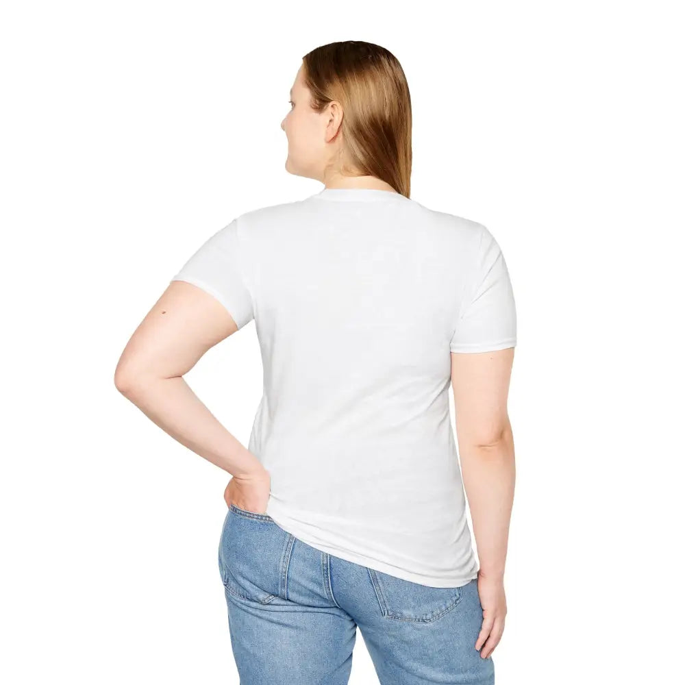 White short-sleeve T-shirt on a person featuring ribbed collar retains and shoulder tape stabilizes