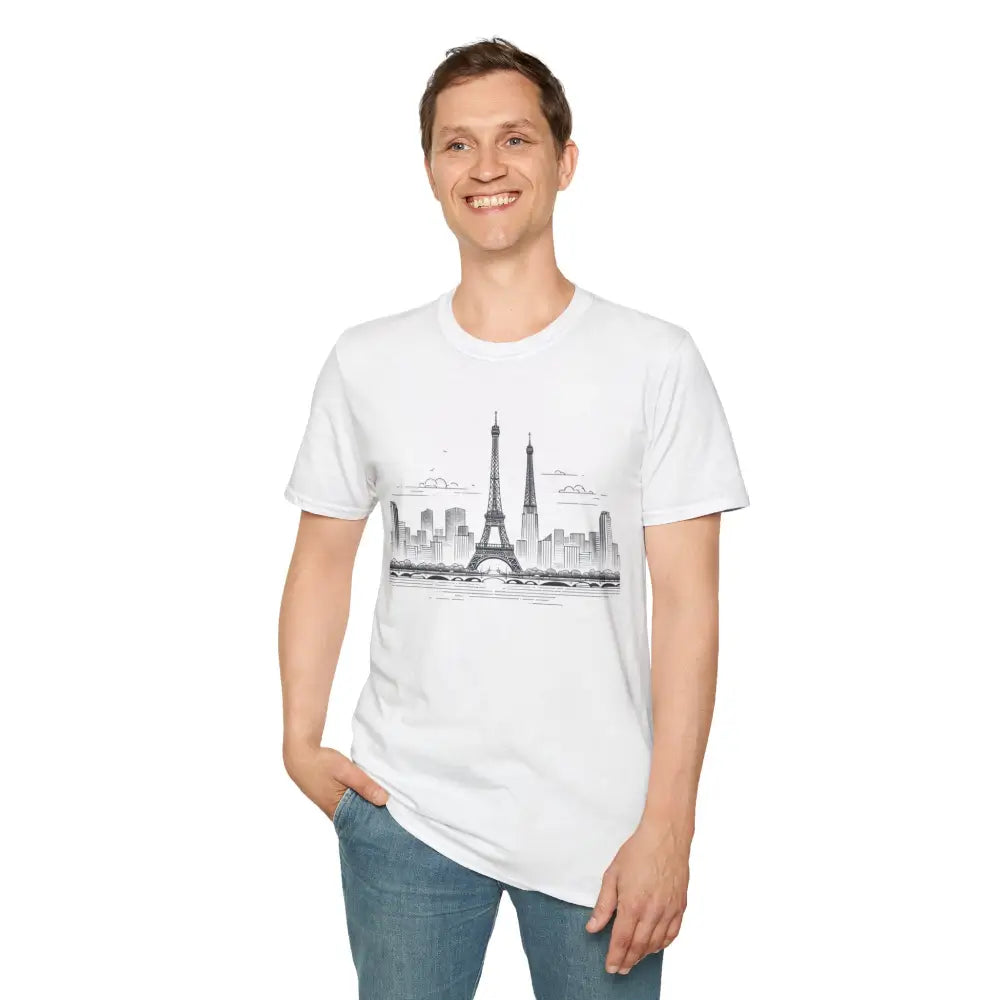 Unisex Paris Skyline Graphic T-Shirt with ribbed collar retains style and shoulder tape stabilizes fit
