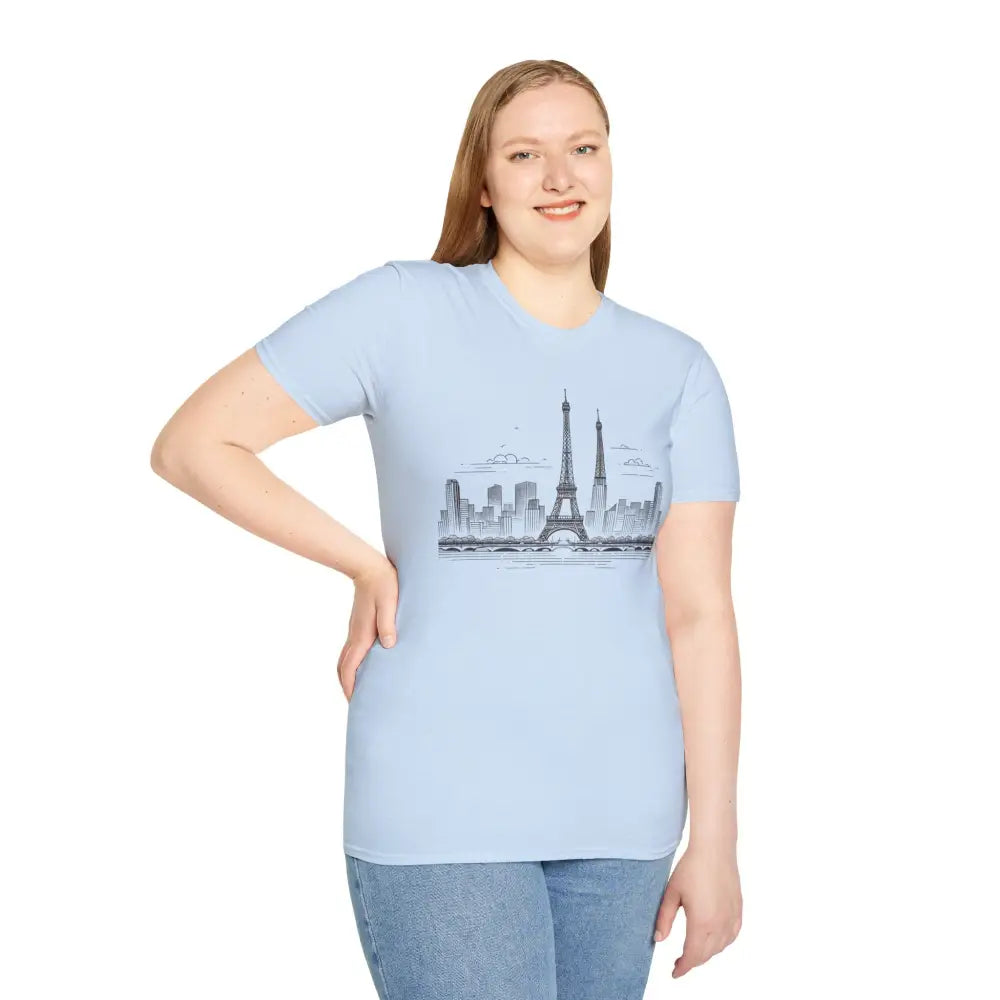 Woman wearing Paris Skyline Graphic T-Shirt with ribbed collar retains and shoulder tape stabilizes