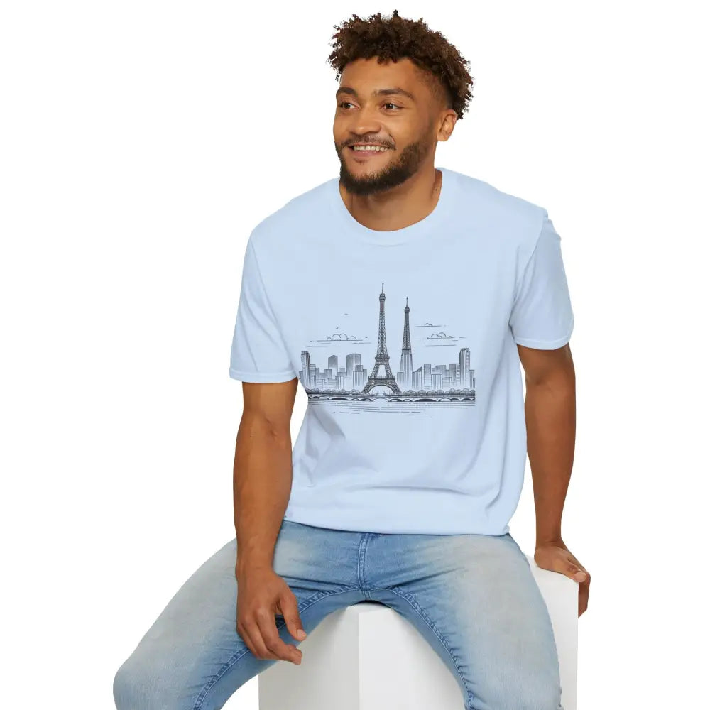 Light blue short-sleeved Paris Skyline Graphic T-Shirt with ribbed collar retains and shoulder tape stabilizes for casual summer wear