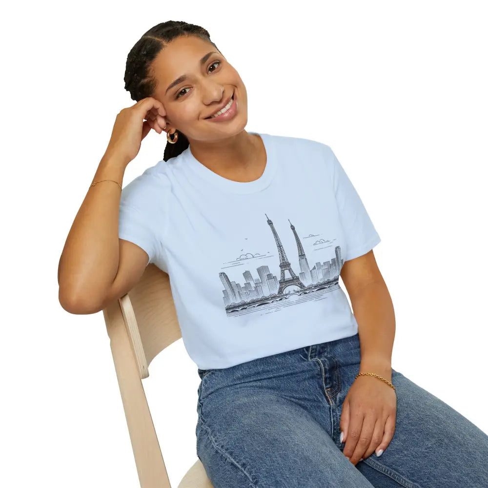 Woman wearing Paris Skyline Graphic T-Shirt with ribbed collar retains and shoulder tape stabilizes
