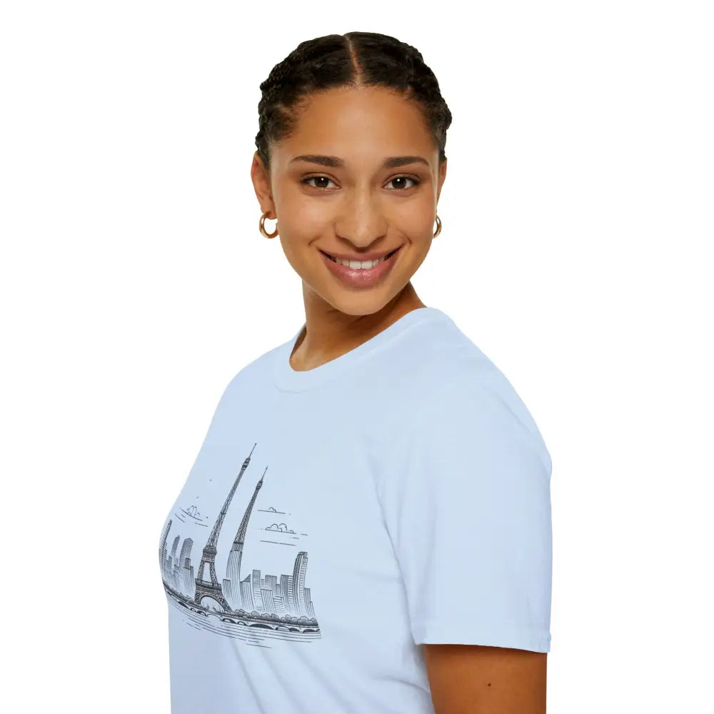 Smiling woman in light blue Paris Skyline Graphic T-Shirt with ribbed collar retains style