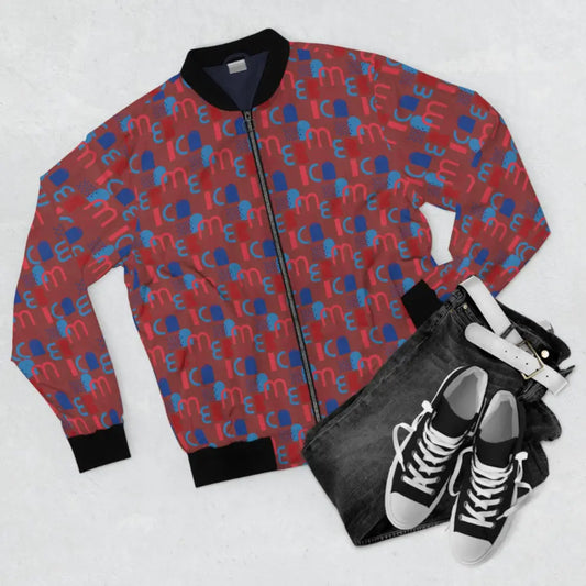 Patterned bomber jacket with abstract Americana design in Maroon for men by PixiOnyx
