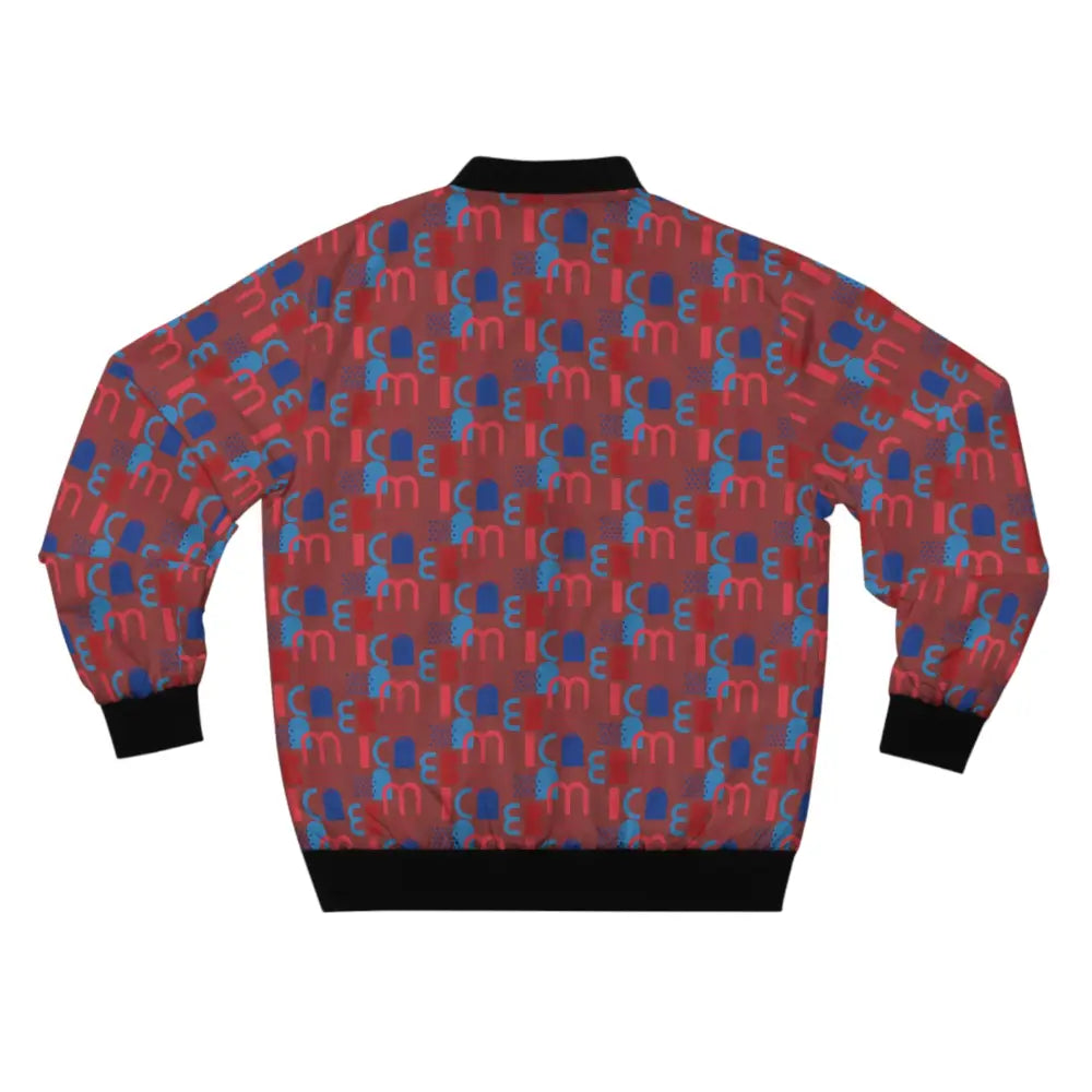 Patriot Pattern Men’s Bomber Jacket with Maroon Colorway and Americana Abstract Design