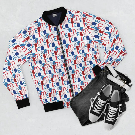 Patterned bomber jacket featuring Abstract Americana design in white for men from PixiOnyx
