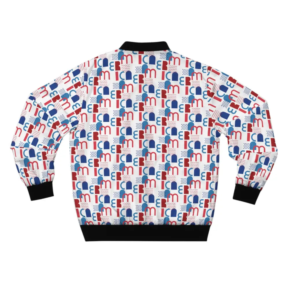 Patterned men’s bomber jacket with black trim from PixiOnyx Patriot Pattern collection