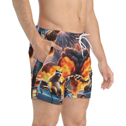 Men’s raccoon-themed swim trunks from PixiOnyx Patriotic Raccoon Mayhem summerwear collection