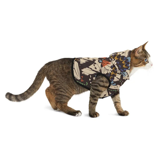 Tabby cat wearing a patterned vest from Pet Hoodie Fluttercore PixiOnyx Surreal Woodlandwear