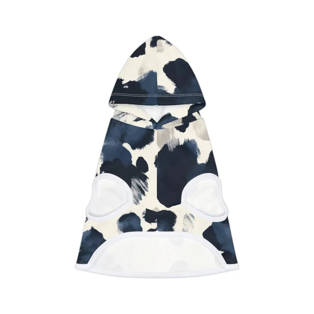 Cow-print dog hoodie displayed in Pet Hoodie Navy Splash Pattern by PixiOnyx Bold Petwear