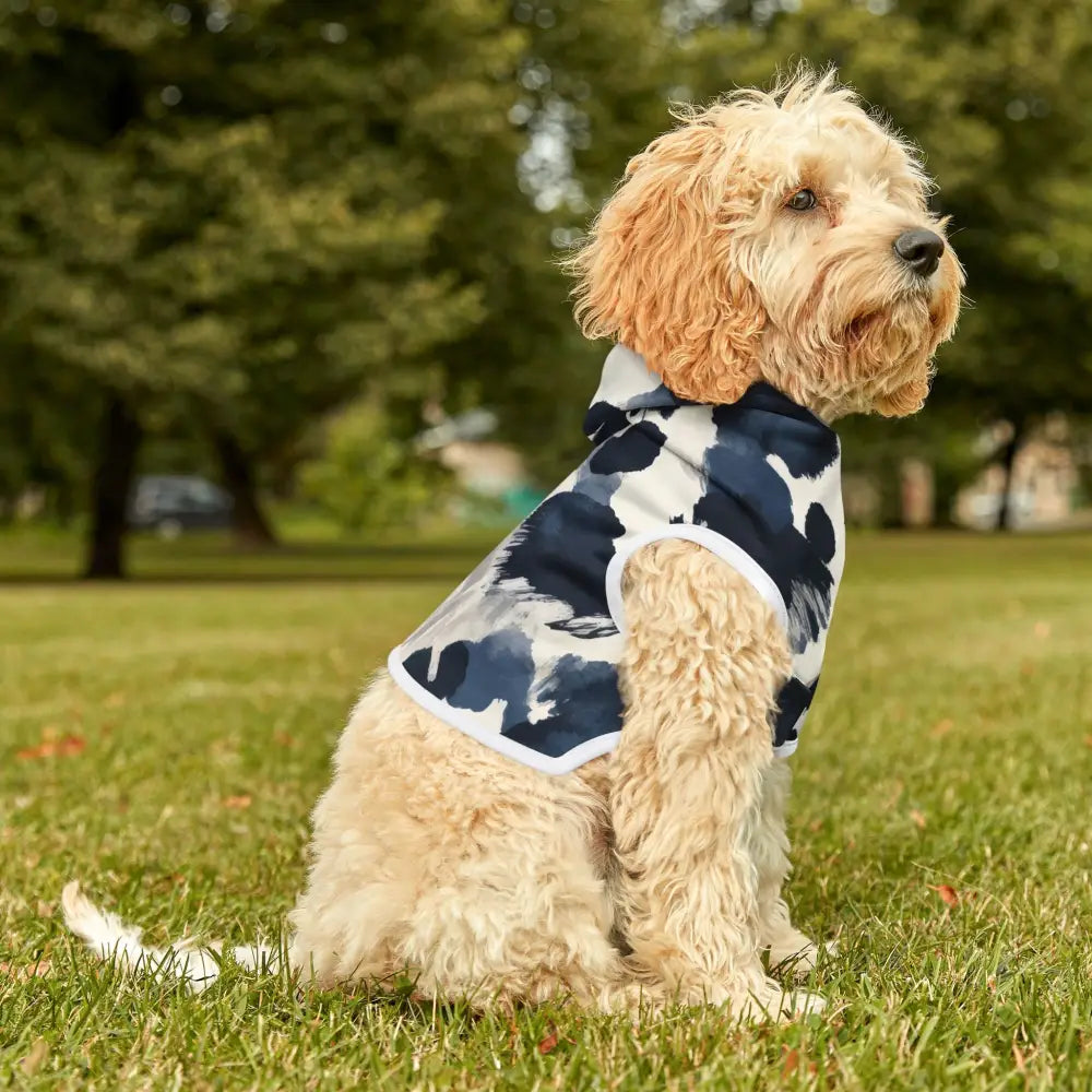 Dog wearing a navy splash patterned hoodie from PixiOnyx Bold Petwear