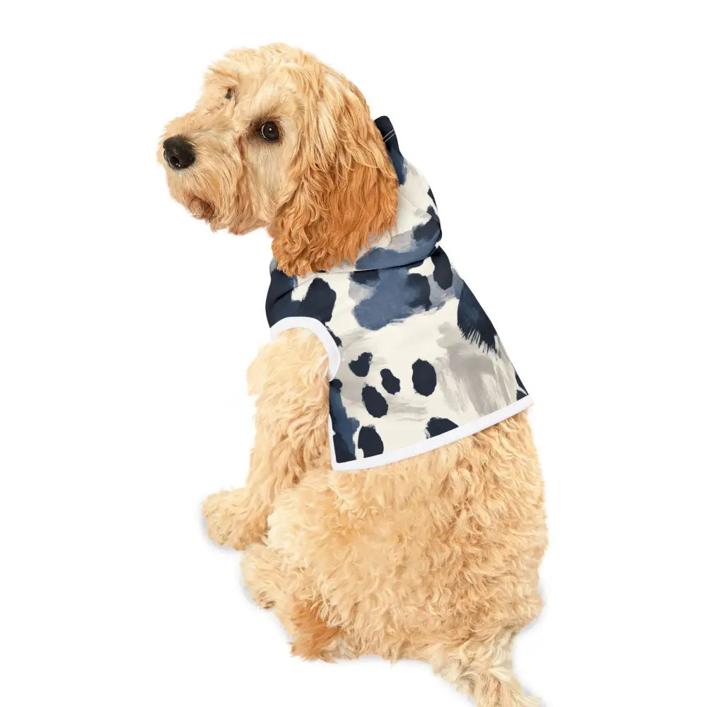 Dog wearing a navy splash pattern hoodie from PixiOnyx Bold Petwear