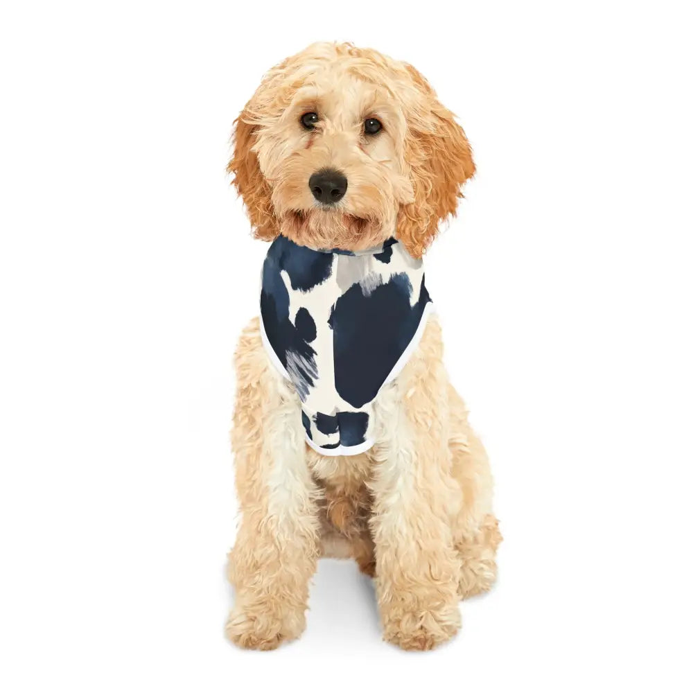 Golden Doodle wearing a cow-print harness on Pet Hoodie Navy Splash Pattern from PixiOnyx