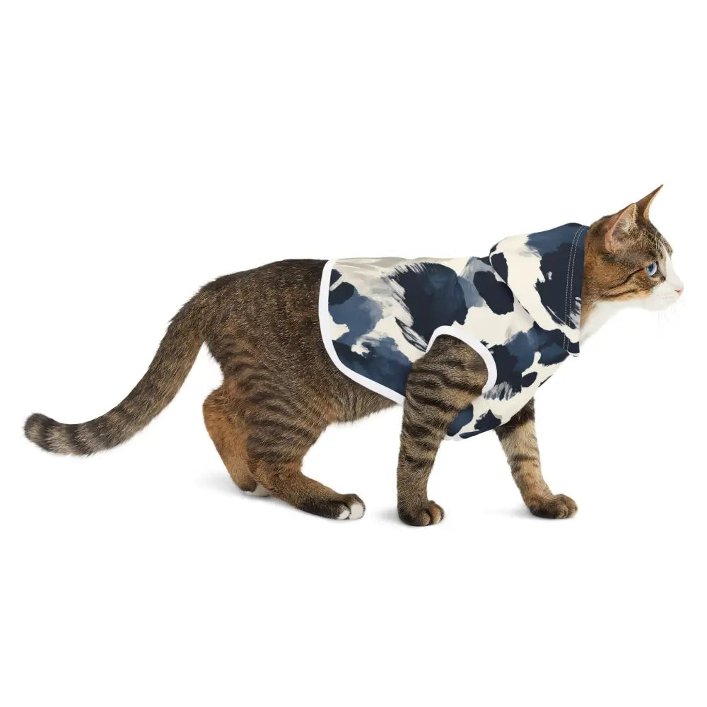 Tabby cat wearing navy splash patterned hoodie from PixiOnyx Bold Petwear