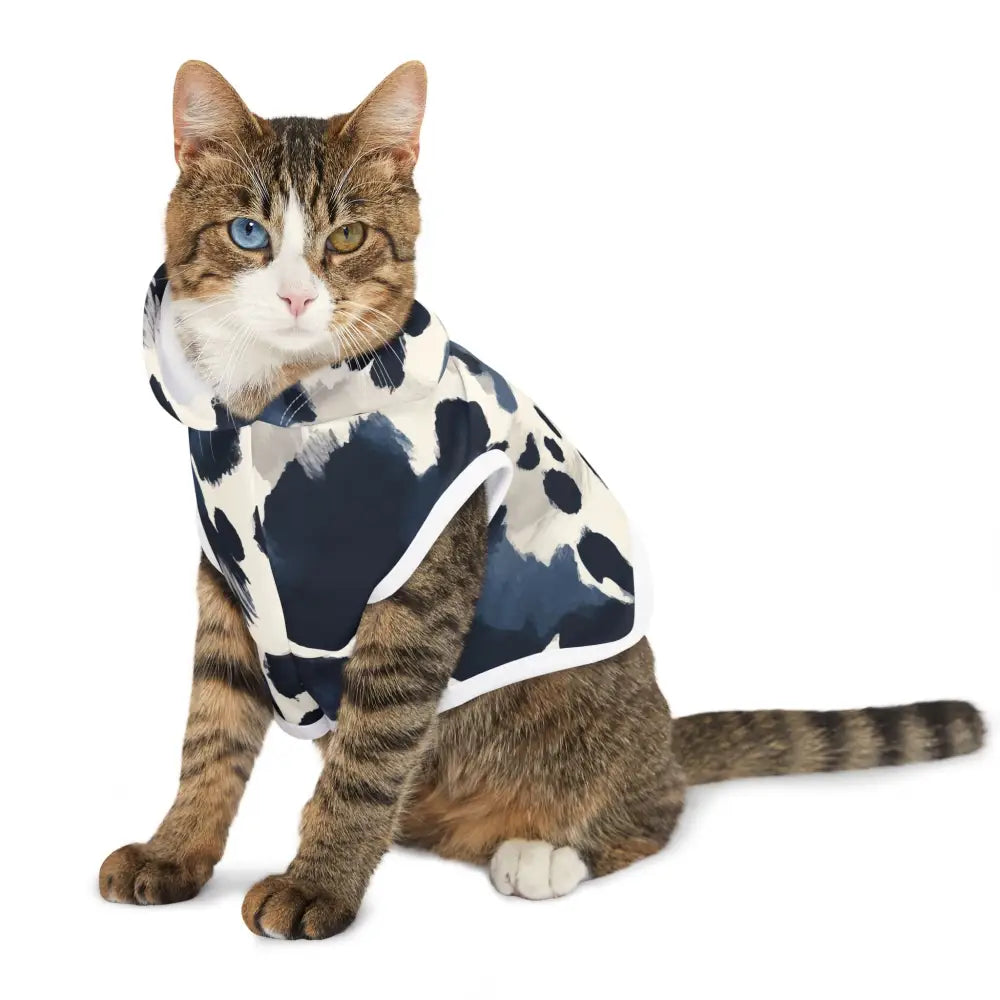 Tabby cat in Navy Splash Pattern Cow-Print Pet Hoodie by PixiOnyx Bold Petwear
