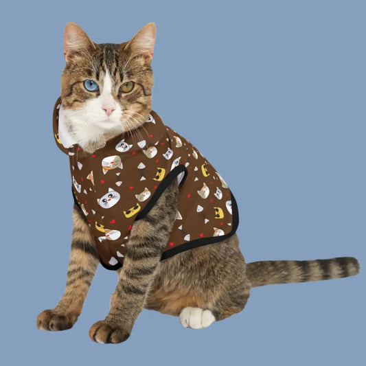 Tabby cat in a brown Paws & Whiskers PixiOnyx Cozy Critterwear hoodie