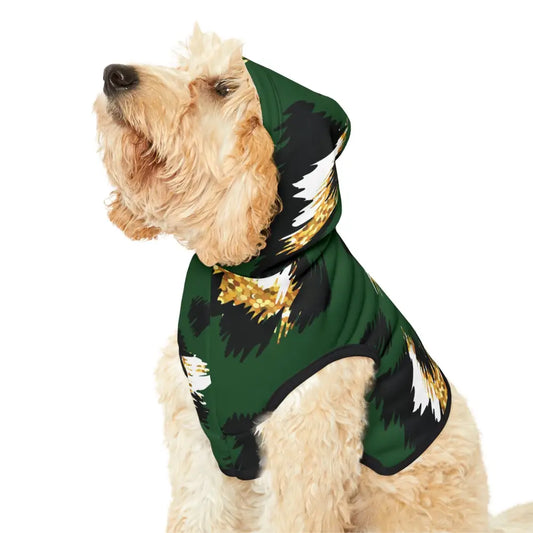 Dog wearing Skyhawk Forest Camo Pet Hoodie in green black and gold for stylish pet wear
