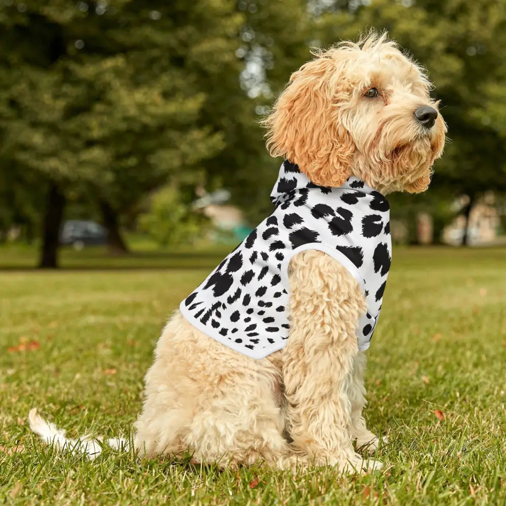 Dog in a white leopard print hoodie from PixiOnyx Wildwear Edition Pet Hoodie