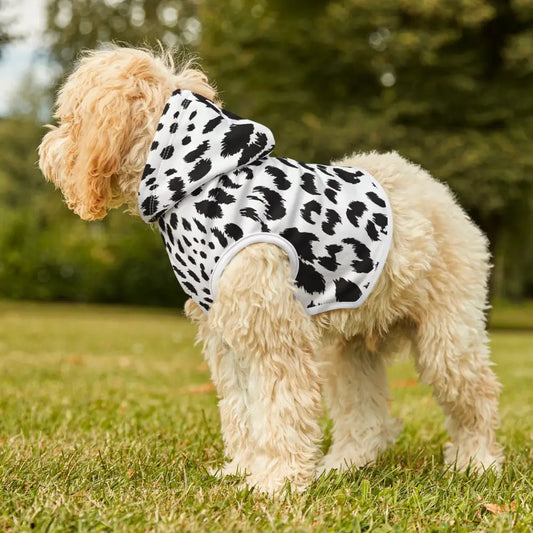 Dog wearing a black and white leopard print hoodie from PixiOnyx Wildwear Edition