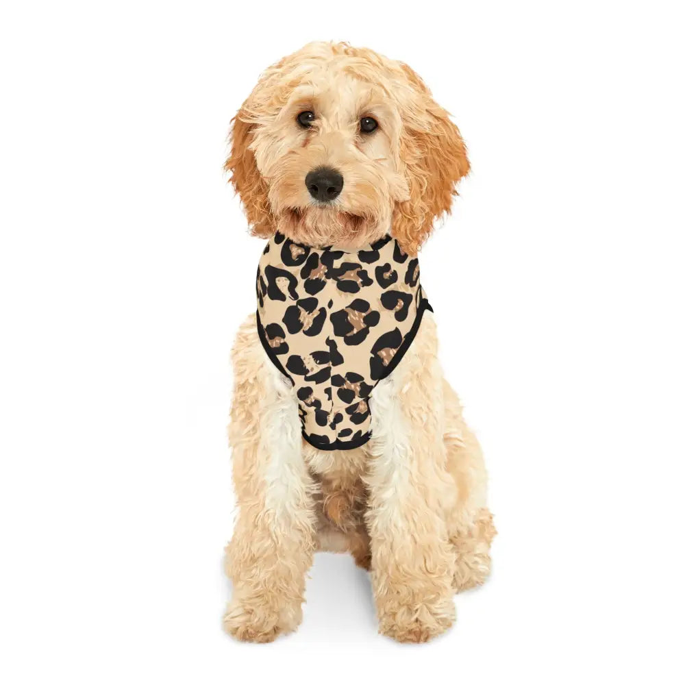 Dog wearing a Leopard Print Harness from PixiOnyx Luxe Creaturewear Pet Hoodie Wild Leopard Swagger