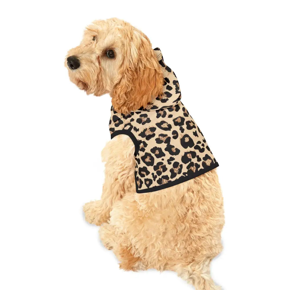 Dog wearing a leopard-print hoodie from PixiOnyx Luxe Creaturewear Pet Hoodie Wild Leopard Swagger