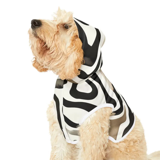Dog in black and white zebra patterned hoodie from Pet Hoodie Zebra Drift PixiOnyx Bold Petwear