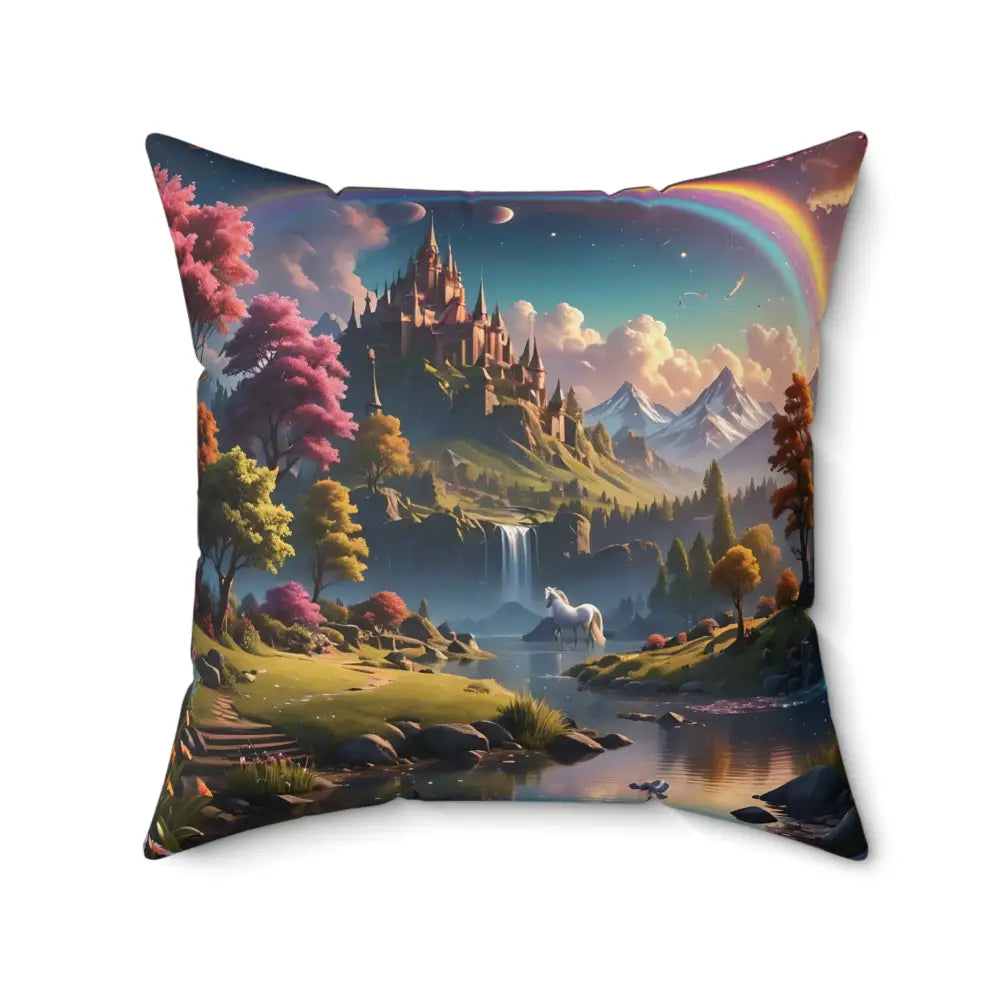 Square decorative pillow featuring a fantasy landscape design from Rainbow Unicorn Dreamscape collection