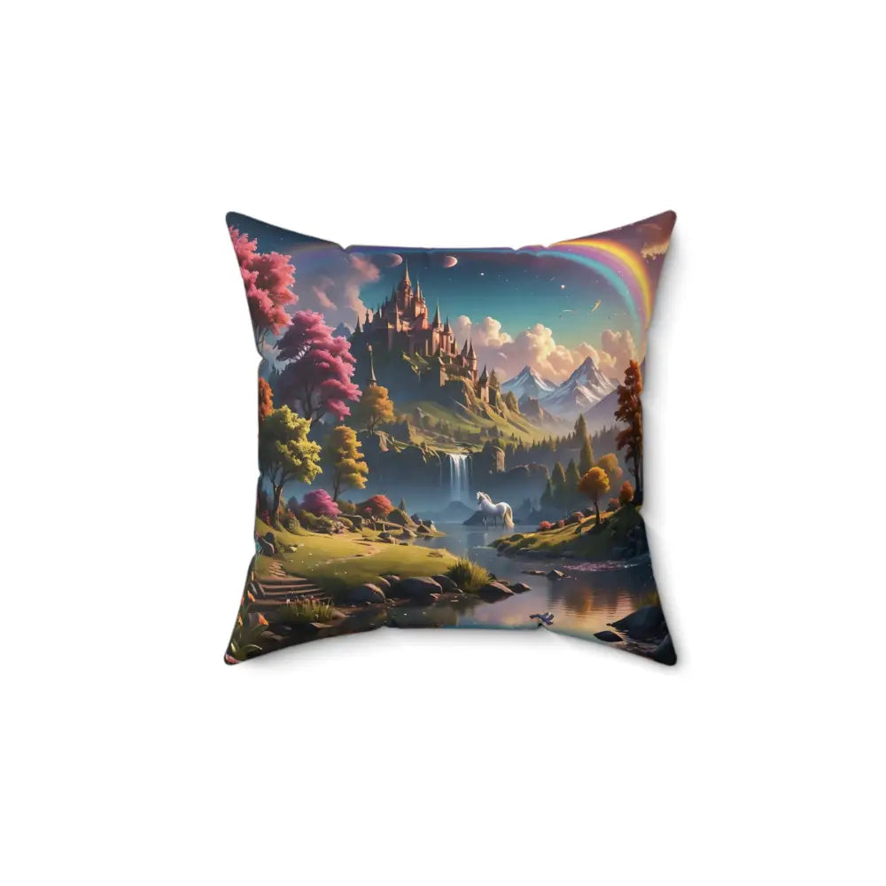 Square decorative pillow featuring a fantasy landscape with Rainbow Unicorn Dreamscape design