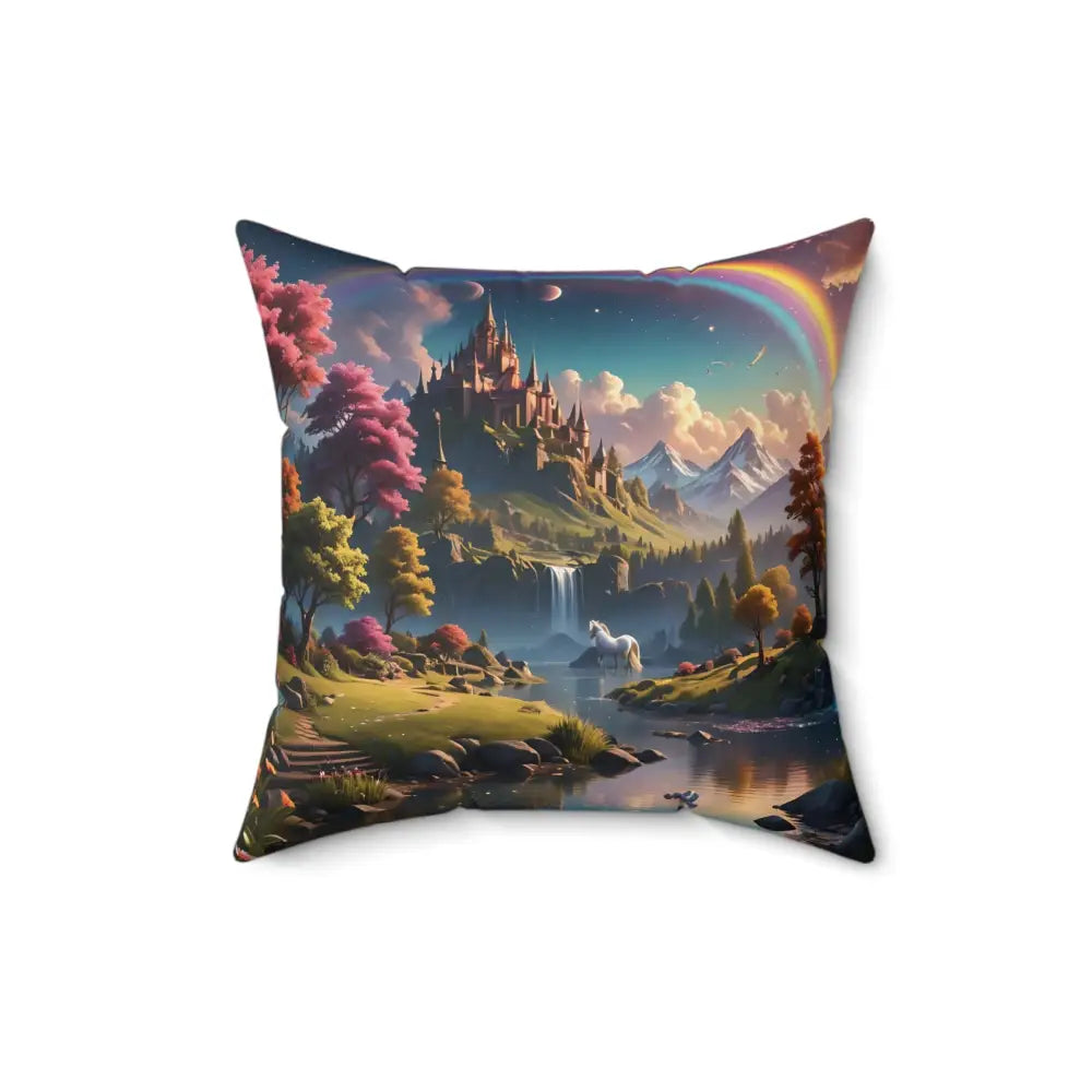 Square throw pillow featuring a fantasy Rainbow Unicorn Dreamscape design by PixiOnyx