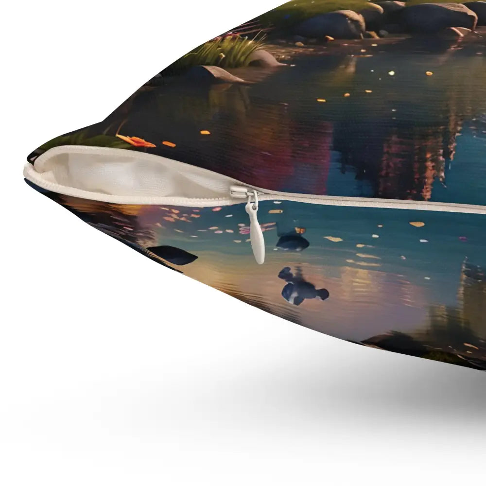 Decorative pillow featuring a pond scene from Rainbow Unicorn Dreamscape PixiOnyx collection