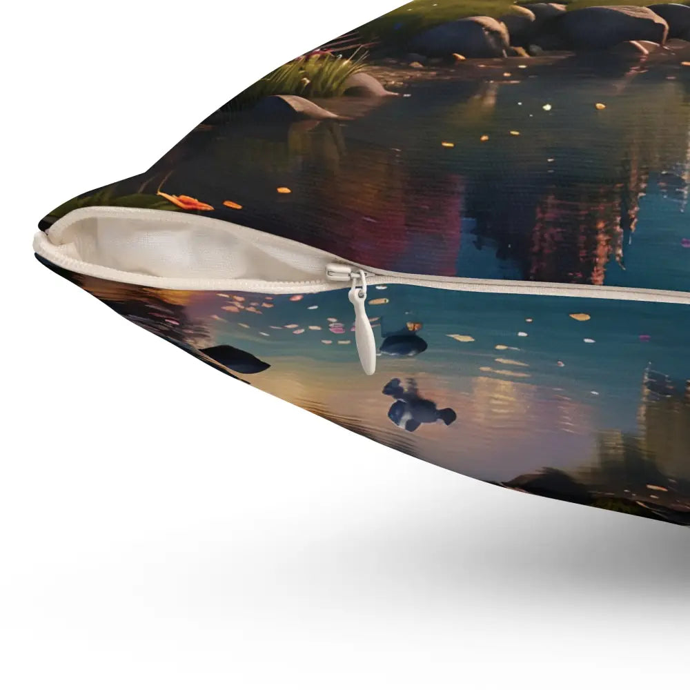 Decorative pillow featuring a serene pond scene from Rainbow Unicorn Dreamscape collection