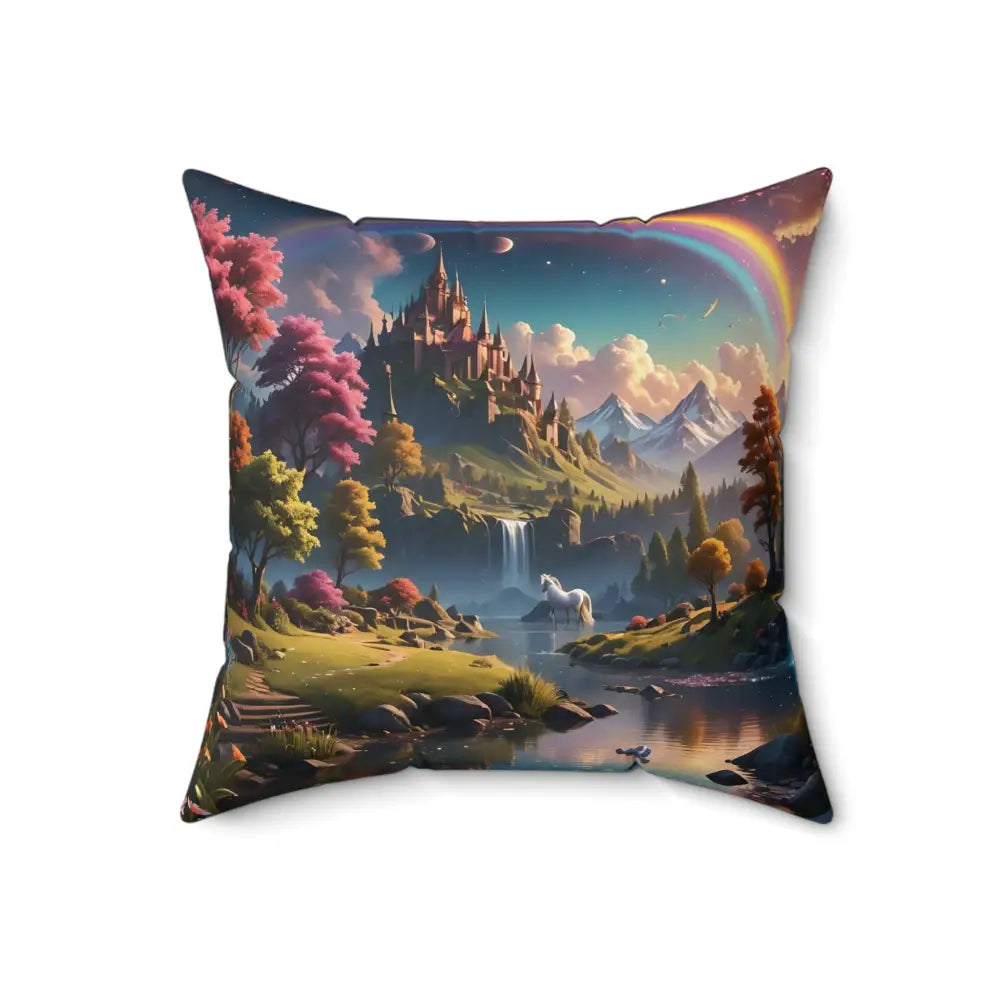 Square pillow with a fantasy Rainbow Unicorn Dreamscape landscape design