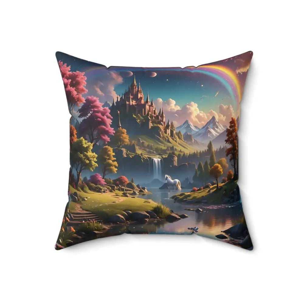 Fantasy landscape pillow featuring a whimsical rainbow unicorn dreamscape design