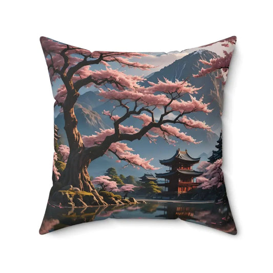 Square Pillow with Cherry Blossom Scene from Pillow Temple Blossom Serenity PixiOnyx Zen Garden